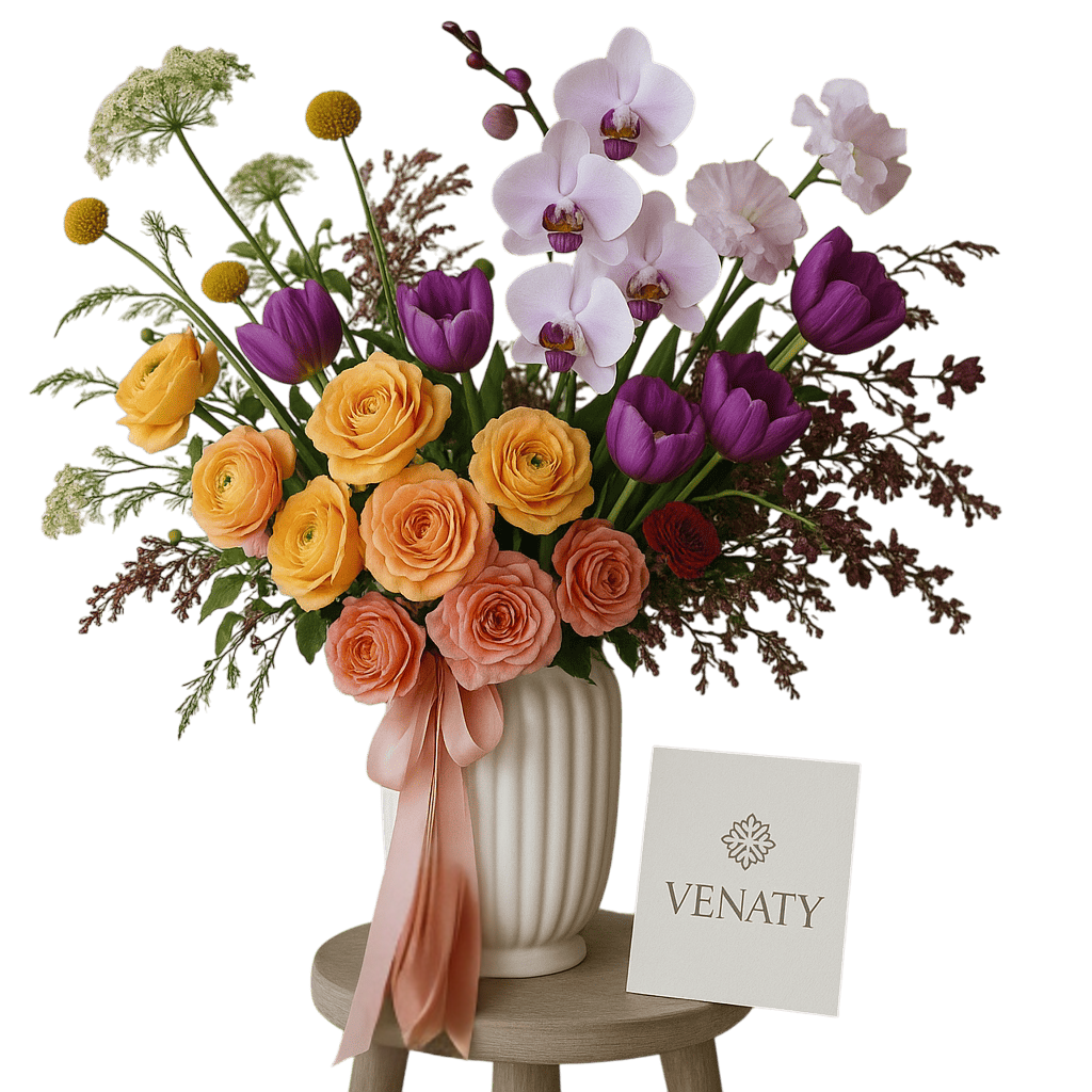 Arreglo de flores sobre una mesa de lña marca Venaty Studio